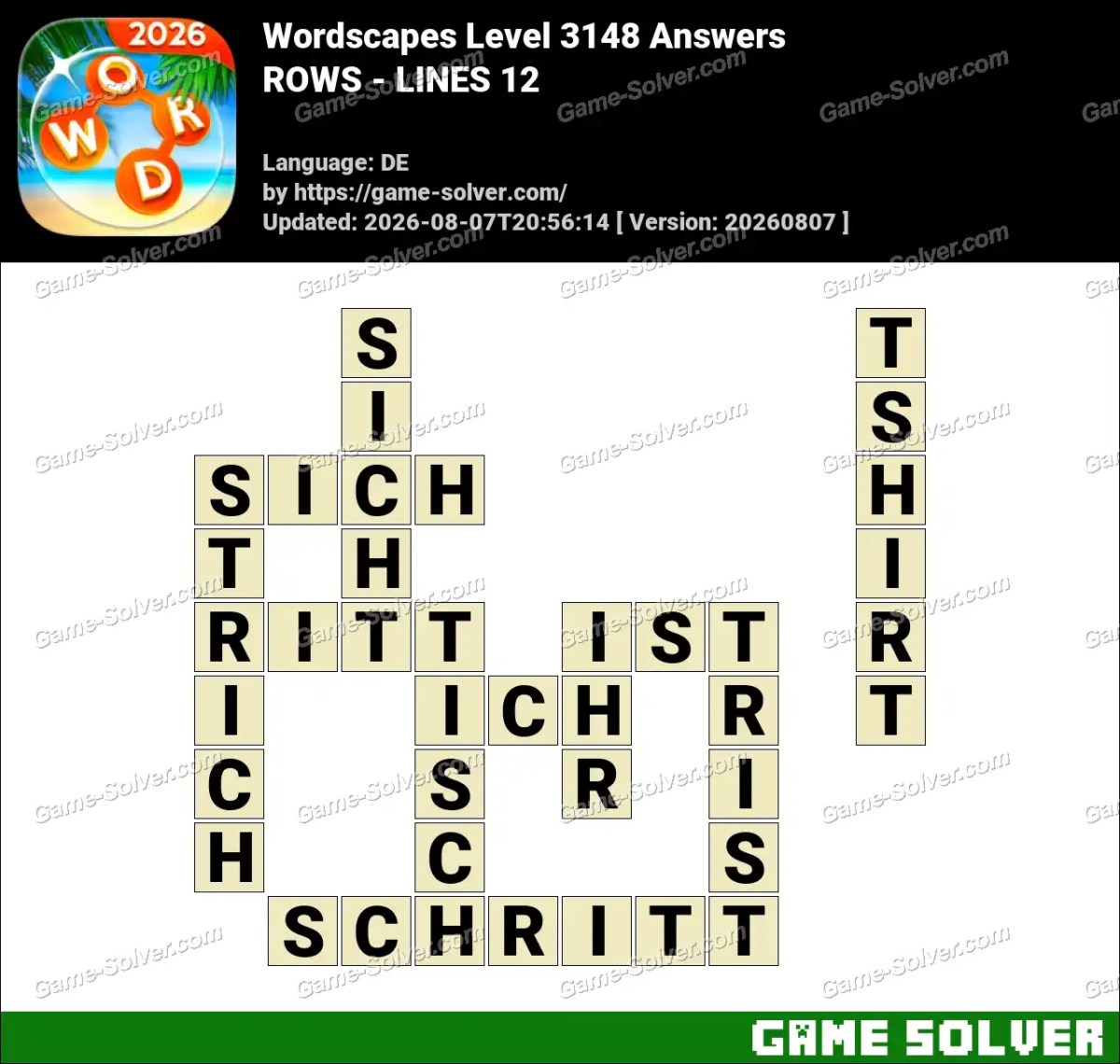 Wordscapes Deutsche Level 3148 Answers — ROWS - LINES 12 Wordscapes Deutsche Level 3148 Answers — ROWS - LINES 12