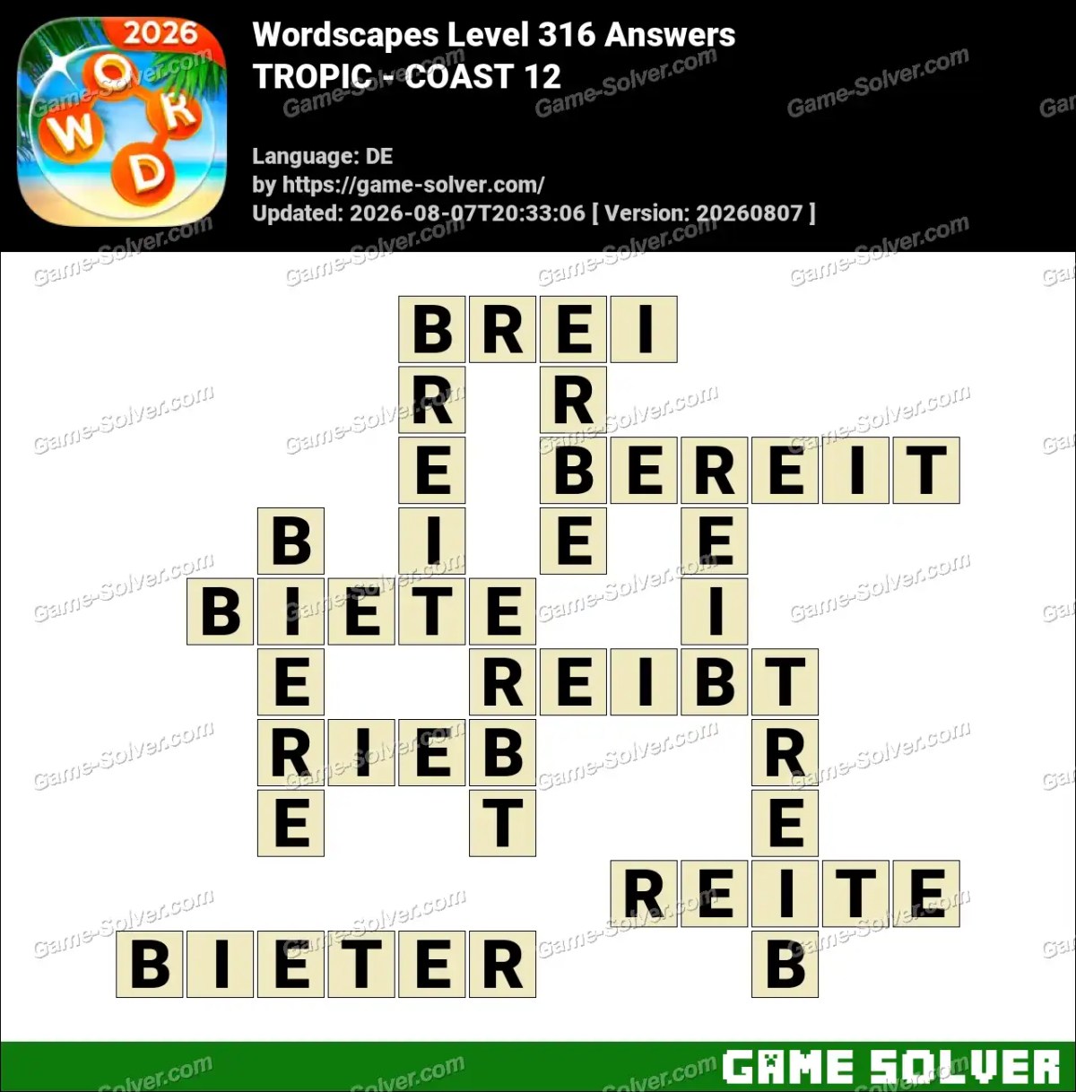 Wordscapes Deutsche Level 316 Answers — TROPIC - COAST 12