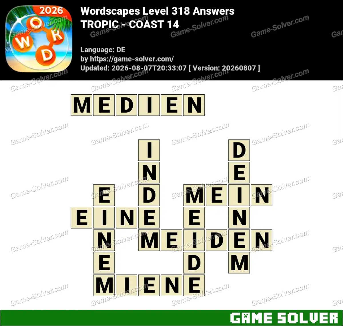Wordscapes Deutsche Level 318 Answers — TROPIC - COAST 14
