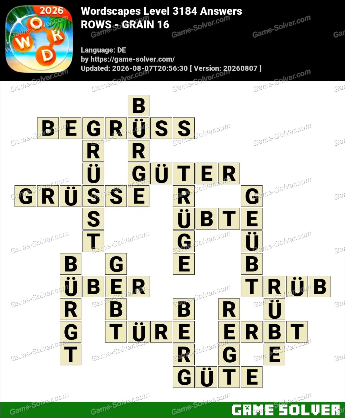 Wordscapes Deutsche Level 3184 Answers — ROWS - GRAIN 16