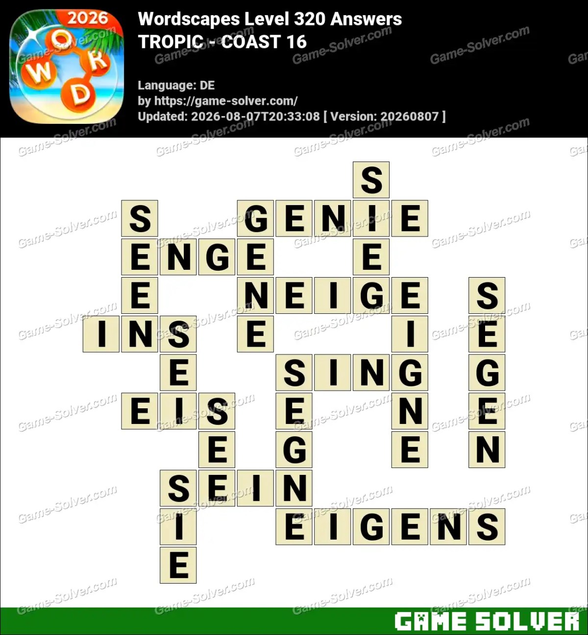 Wordscapes Deutsche Level 320 Answers — TROPIC - COAST 16