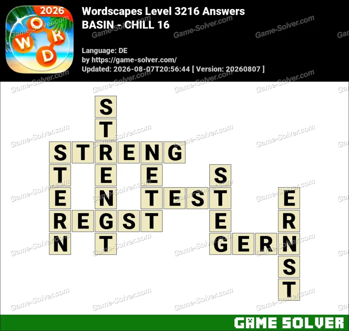 Wordscapes Deutsche Level 3216 Answers — BASIN - CHILL 16