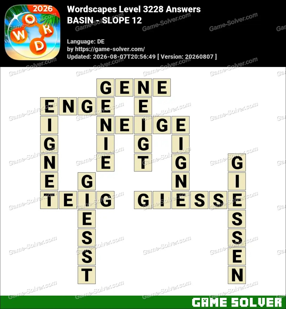 Wordscapes Deutsche Level 3228 Answers — BASIN - SLOPE 12