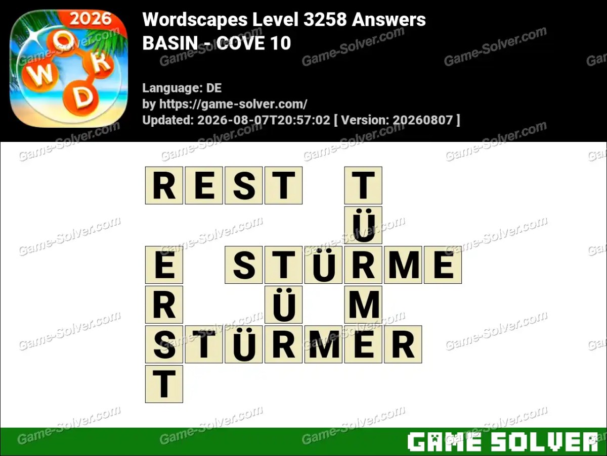 Wordscapes Deutsche Level 3258 Answers — BASIN - COVE 10