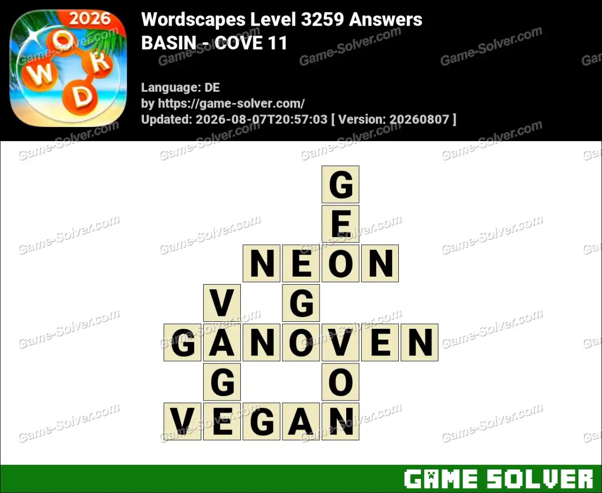 Wordscapes Deutsche Level 3259 Answers — BASIN - COVE 11