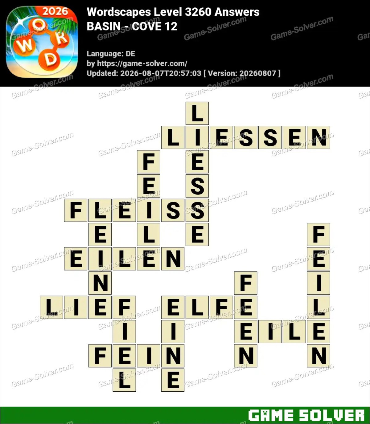 Wordscapes Deutsche Level 3260 Answers — BASIN - COVE 12