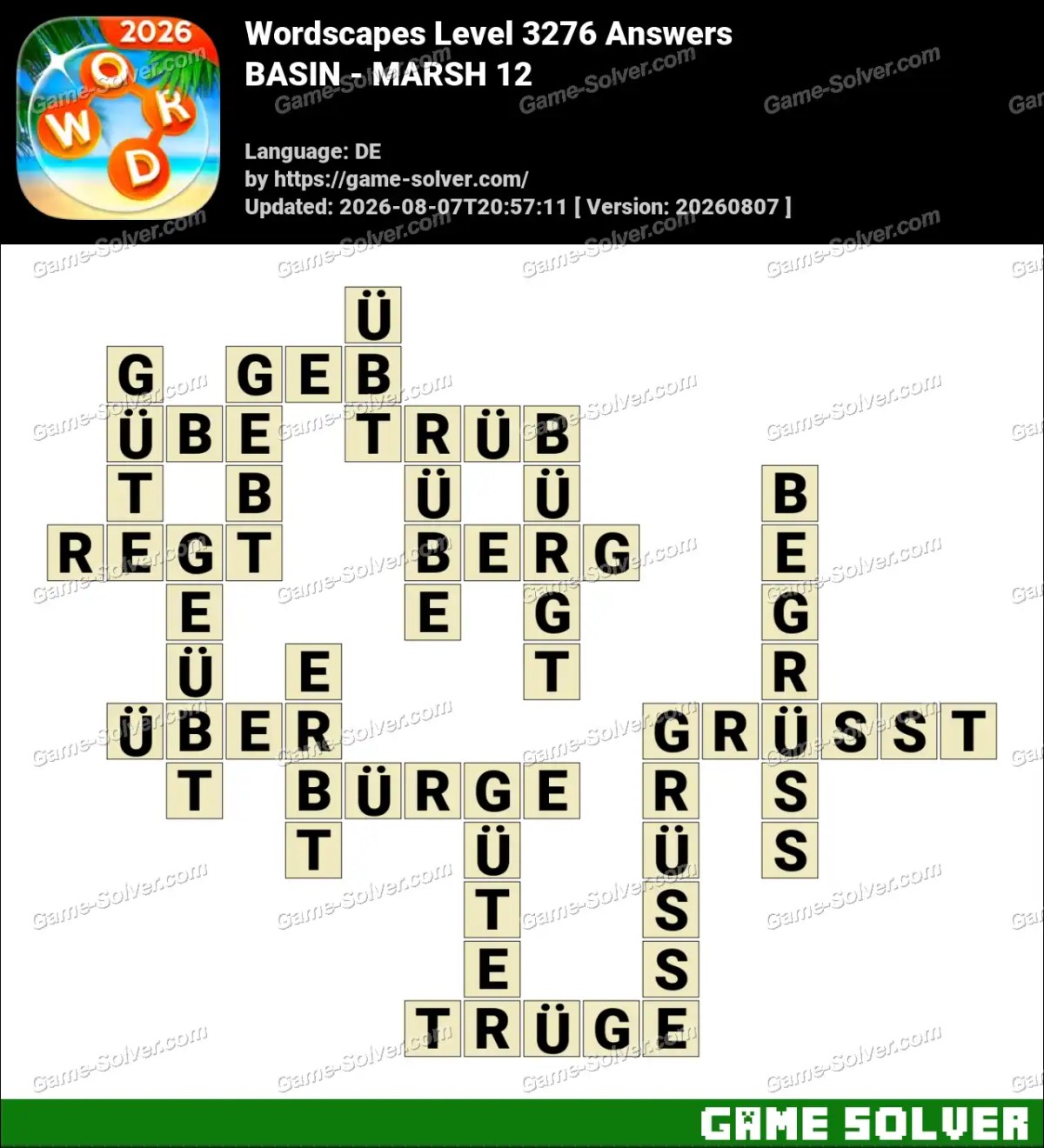 Wordscapes Deutsche Level 3276 Answers — BASIN - MARSH 12