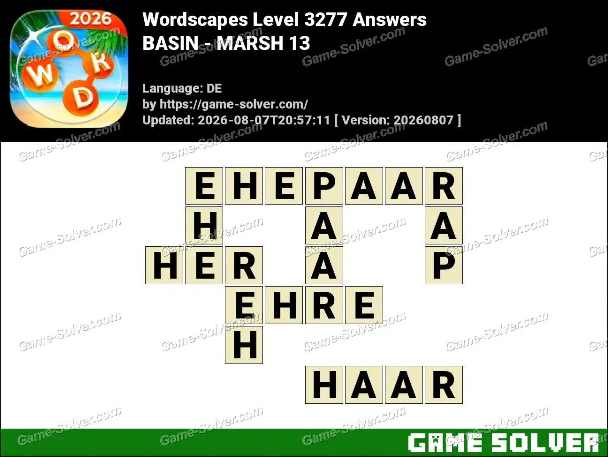 Wordscapes Deutsche Level 3277 Answers — BASIN - MARSH 13