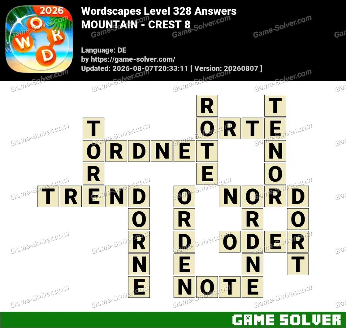 Wordscapes Deutsche Level 328 Answers — MOUNTAIN - CREST 8