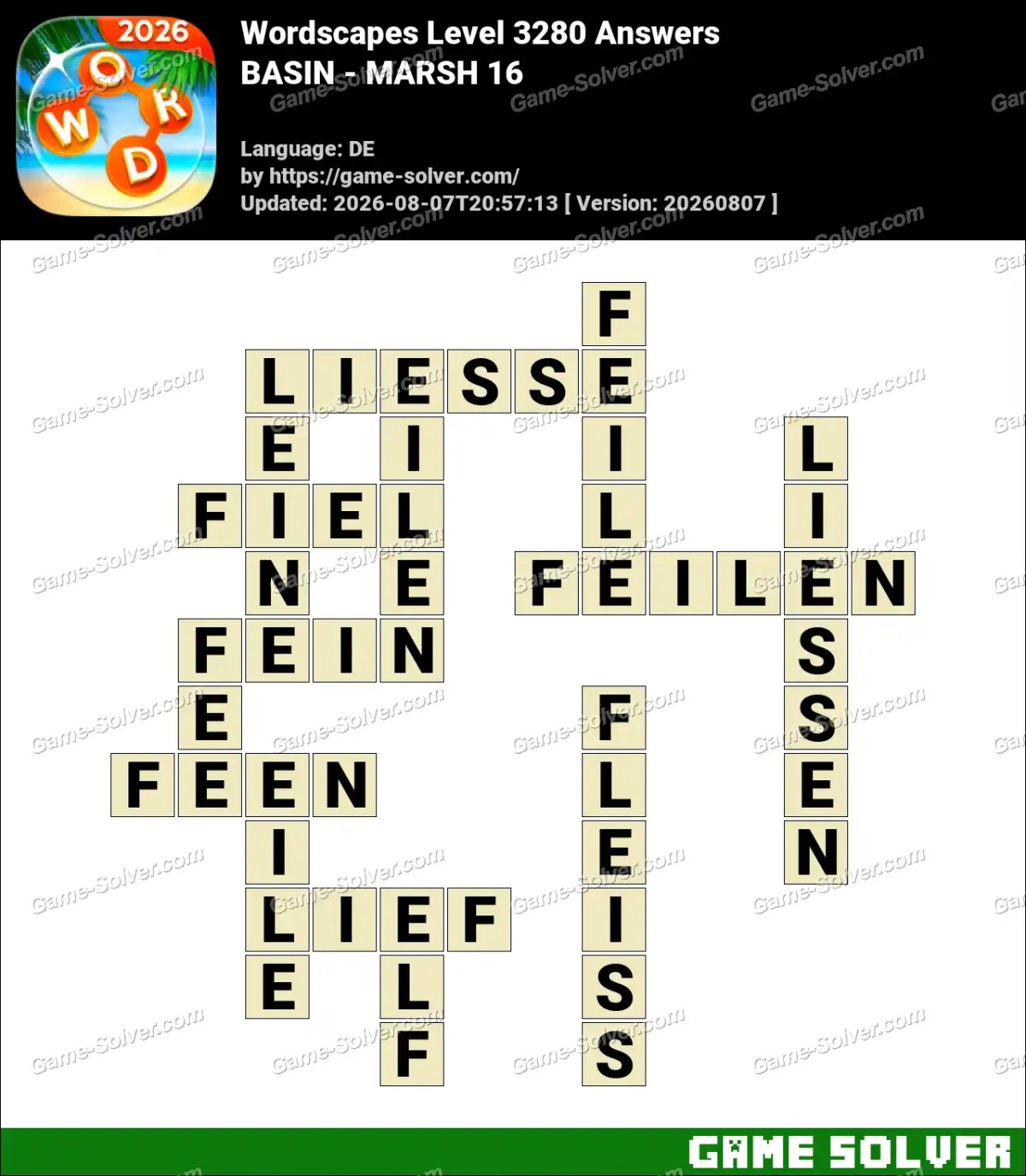 Wordscapes Deutsche Level 3280 Answers — BASIN - MARSH 16