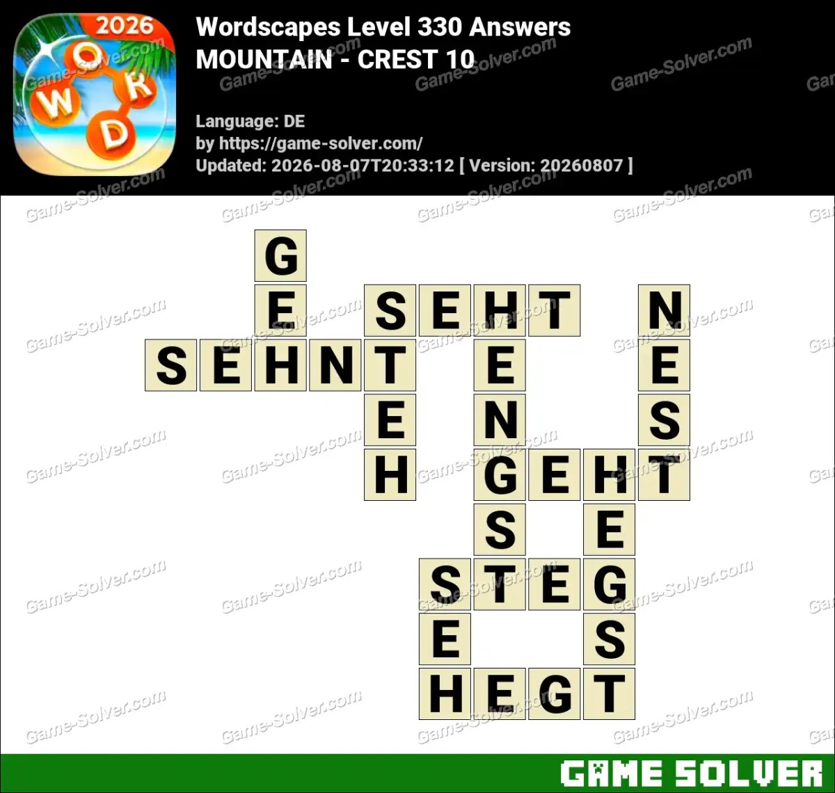 Wordscapes Deutsche Level 330 Answers — MOUNTAIN - CREST 10
