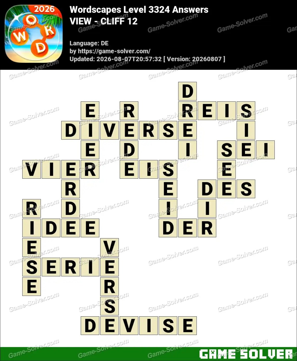 Wordscapes Deutsche Level 3324 Answers — VIEW - CLIFF 12