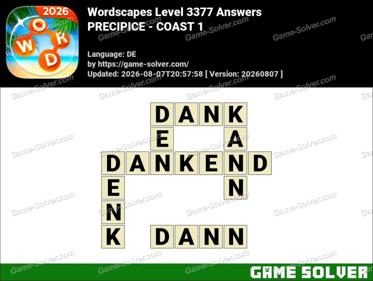 Wordscapes Deutsche Level 3377 Answers — PRECIPICE - COAST 1