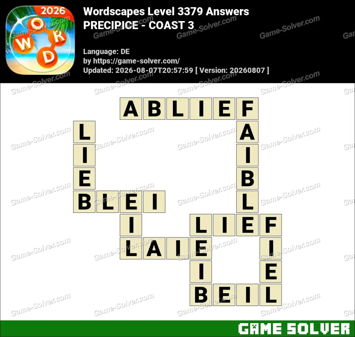 Wordscapes Deutsche Level 3379 Answers — PRECIPICE - COAST 3
