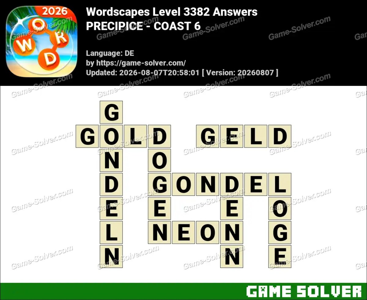 Wordscapes Deutsche Level 3382 Answers — PRECIPICE - COAST 6