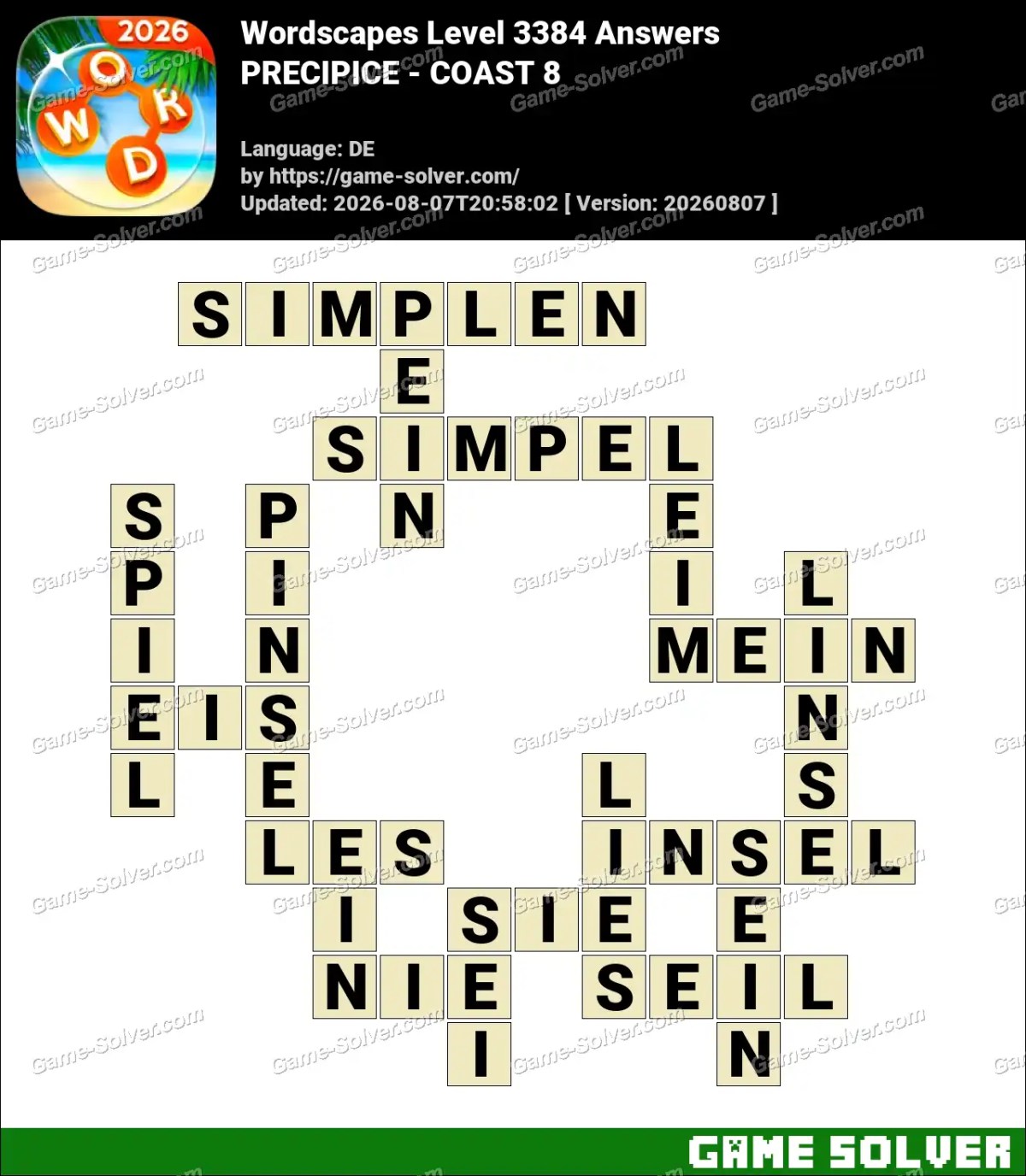Wordscapes Deutsche Level 3384 Answers — PRECIPICE - COAST 8
