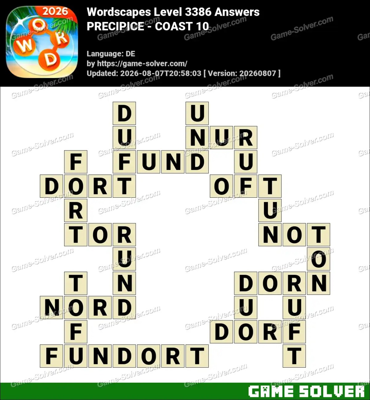 Wordscapes Deutsche Level 3386 Answers — PRECIPICE - COAST 10
