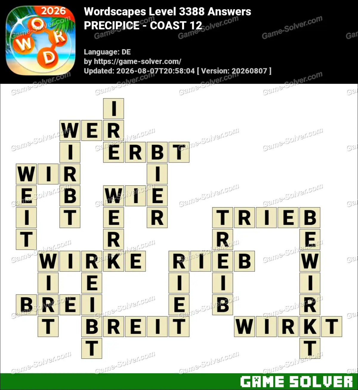 Wordscapes Deutsche Level 3388 Answers — PRECIPICE - COAST 12