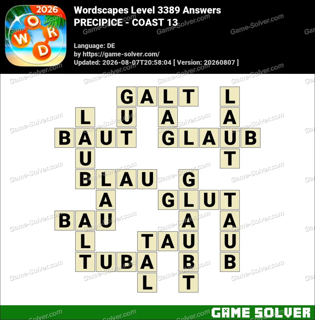 Wordscapes Deutsche Level 3389 Answers — PRECIPICE - COAST 13