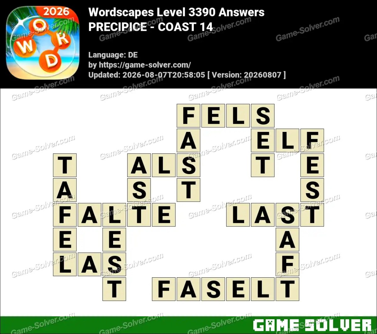Wordscapes Deutsche Level 3390 Answers — PRECIPICE - COAST 14