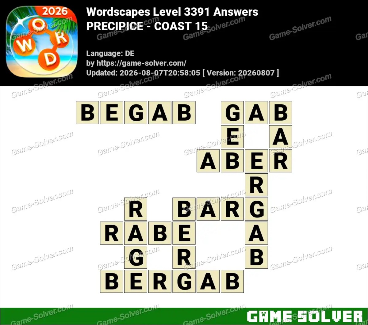 Wordscapes Deutsche Level 3391 Answers — PRECIPICE - COAST 15