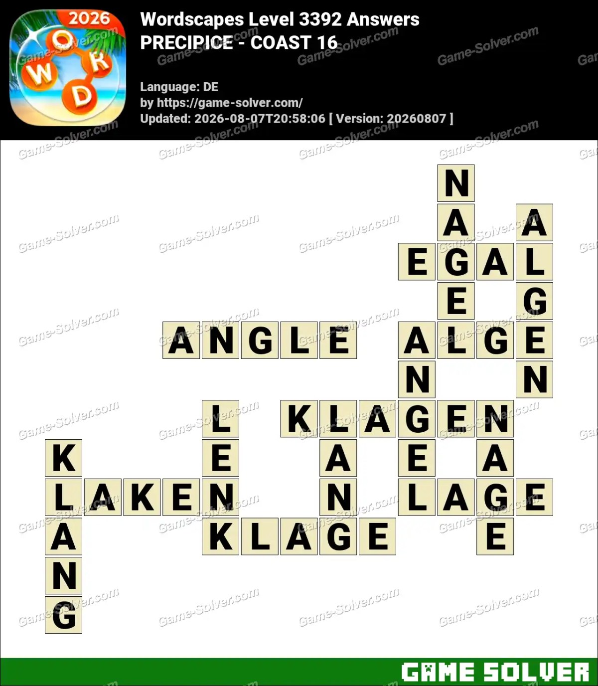 Wordscapes Deutsche Level 3392 Answers — PRECIPICE - COAST 16