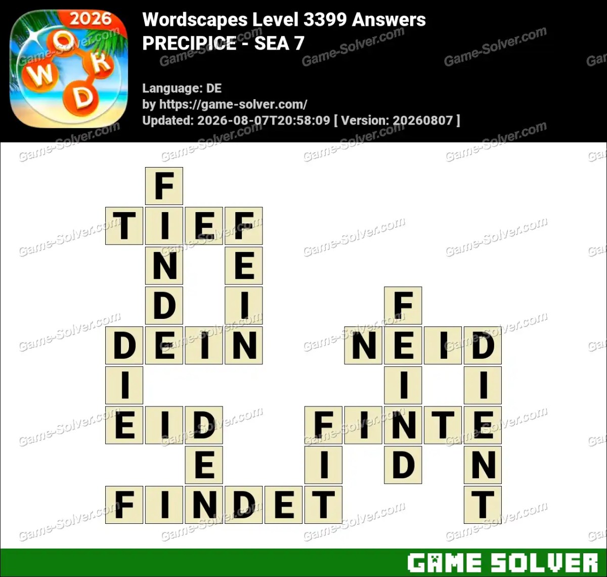 Wordscapes Deutsche Level 3399 Answers — PRECIPICE - SEA 7
