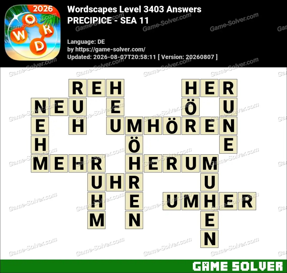 Wordscapes Deutsche Level 3403 Answers — PRECIPICE - SEA 11