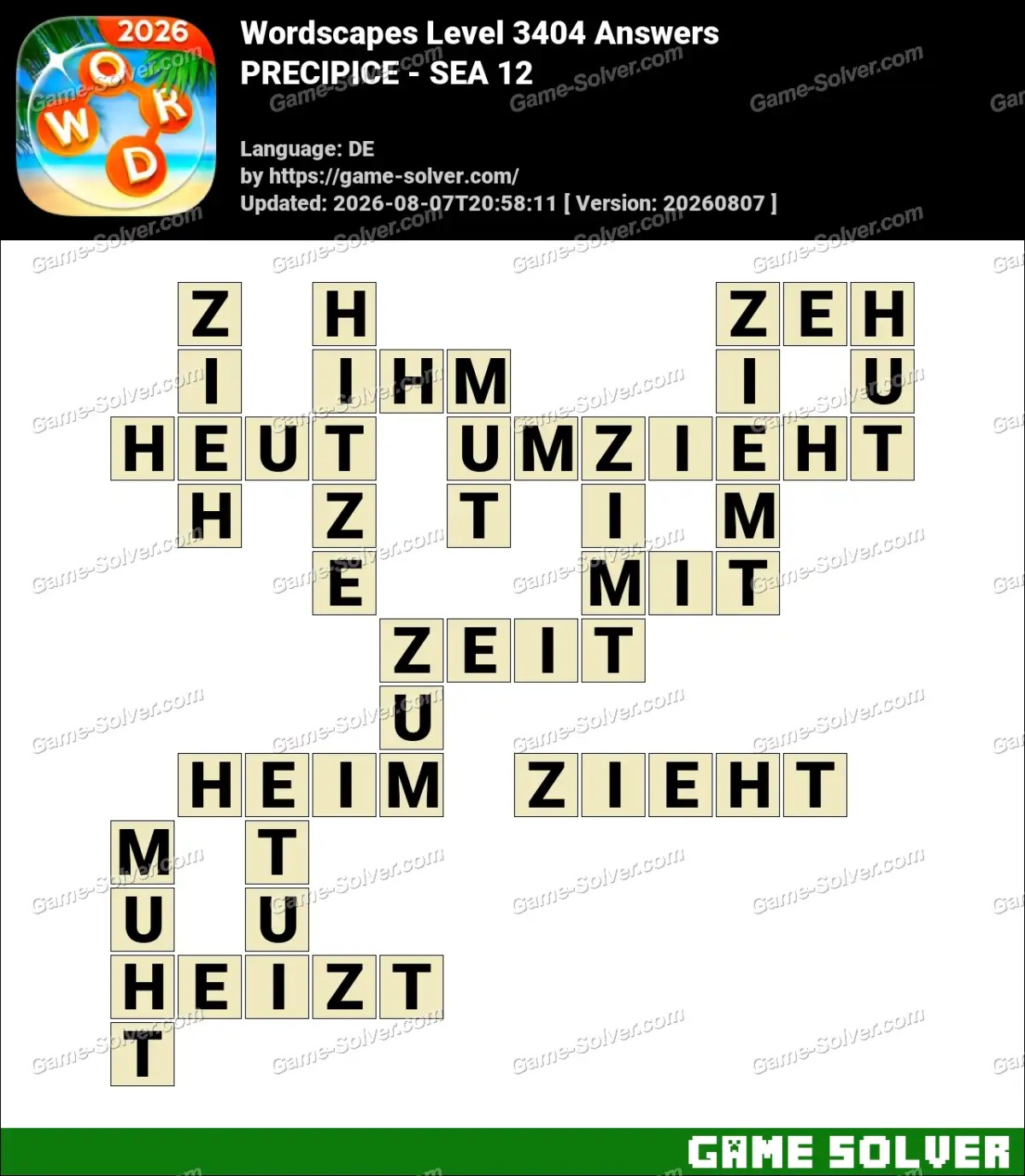 Wordscapes Deutsche Level 3404 Answers — PRECIPICE - SEA 12