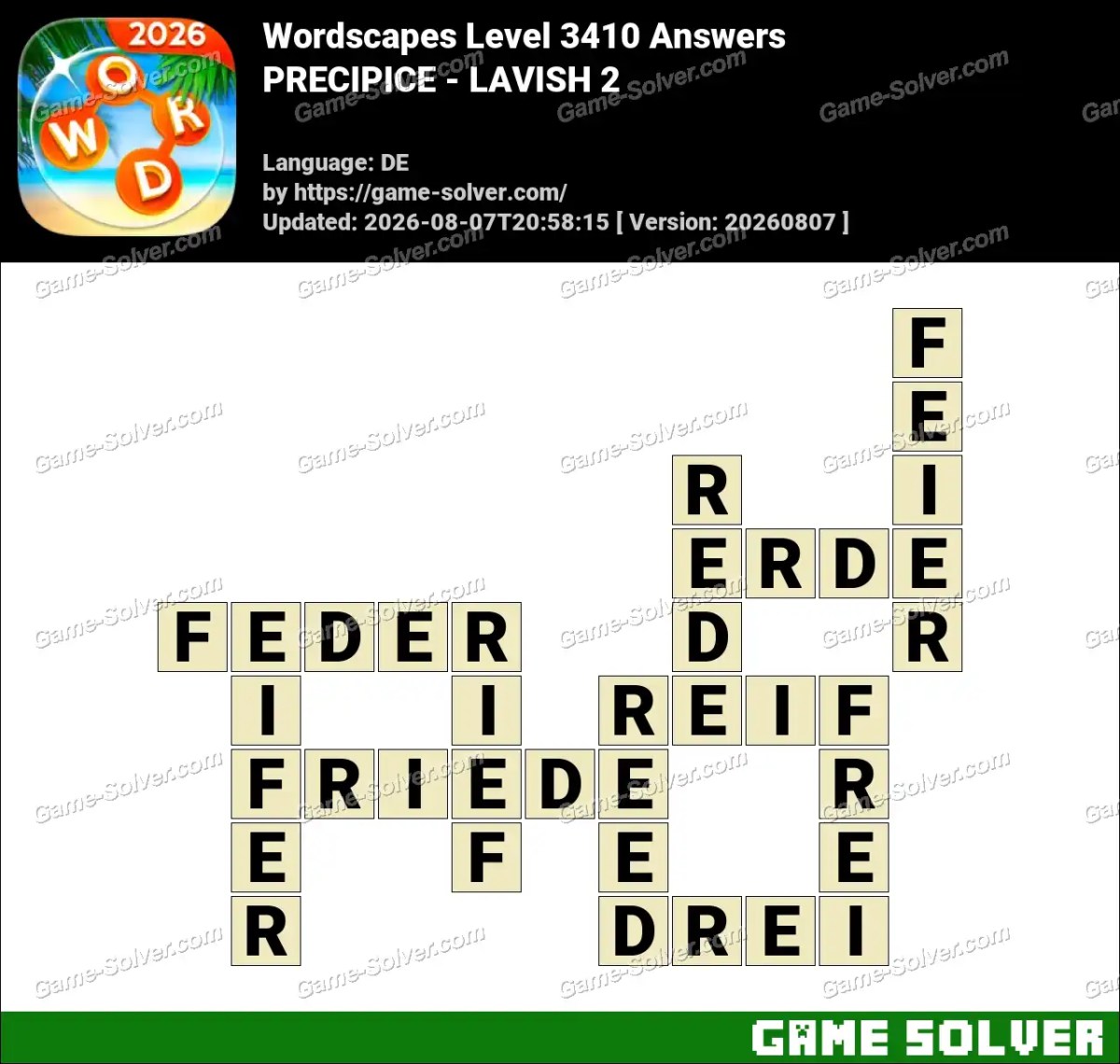 Wordscapes Deutsche Level 3410 Answers — PRECIPICE - LAVISH 2