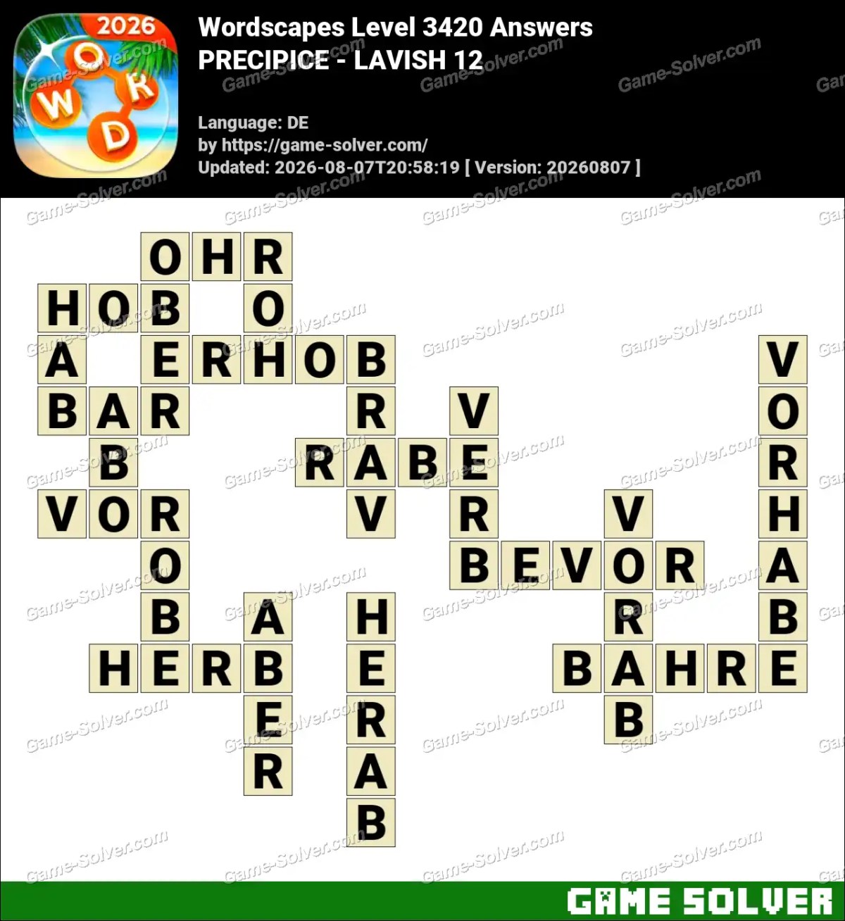 Wordscapes Deutsche Level 3420 Answers — PRECIPICE - LAVISH 12