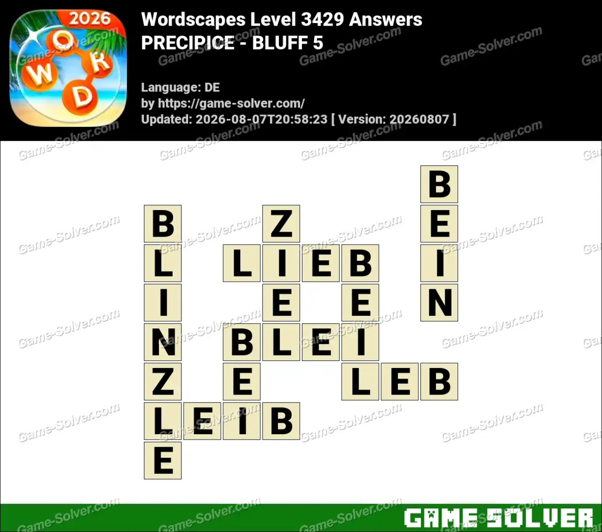 Wordscapes Deutsche Level 3429 Answers — PRECIPICE - BLUFF 5