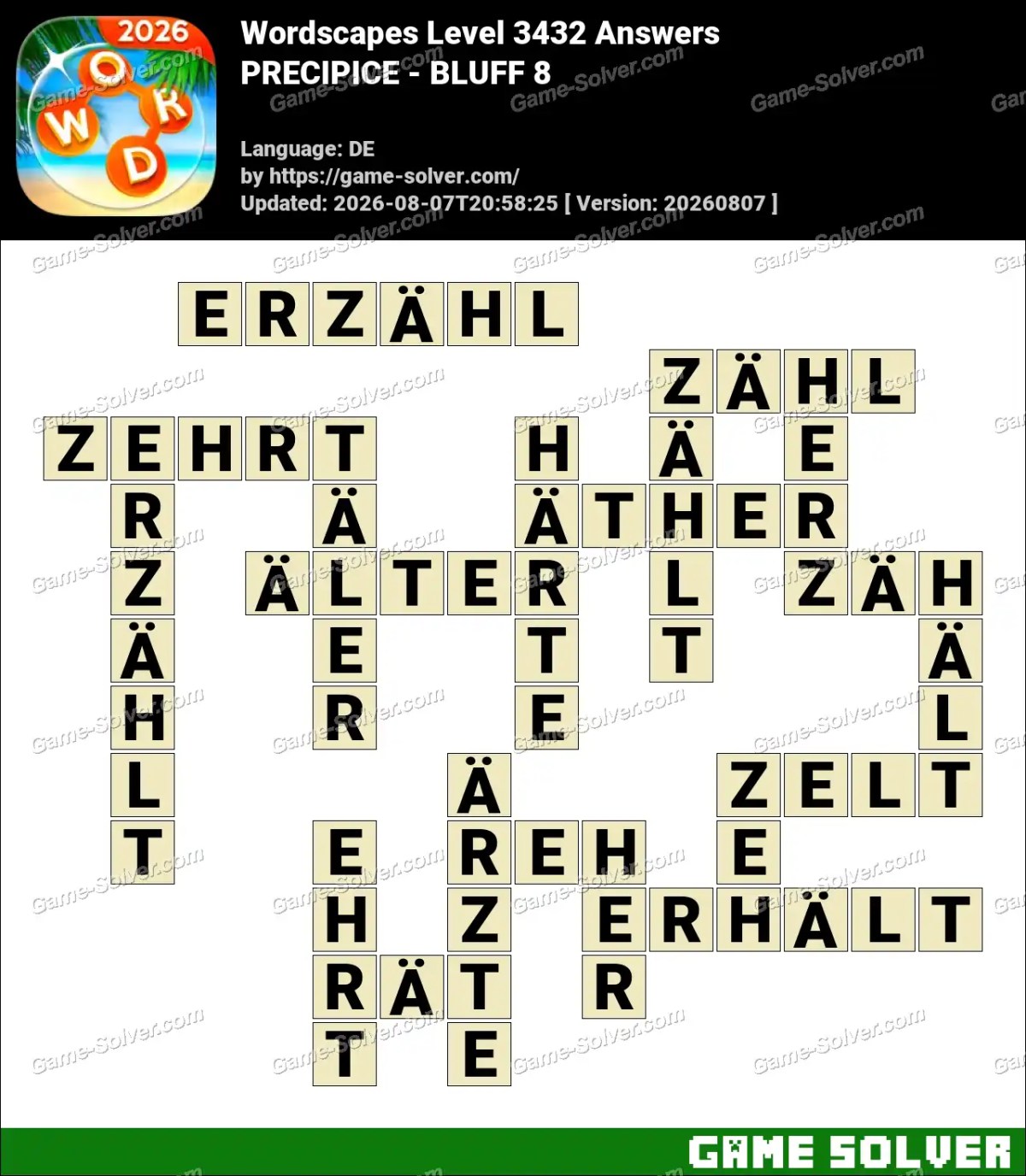 Wordscapes Deutsche Level 3432 Answers — PRECIPICE - BLUFF 8
