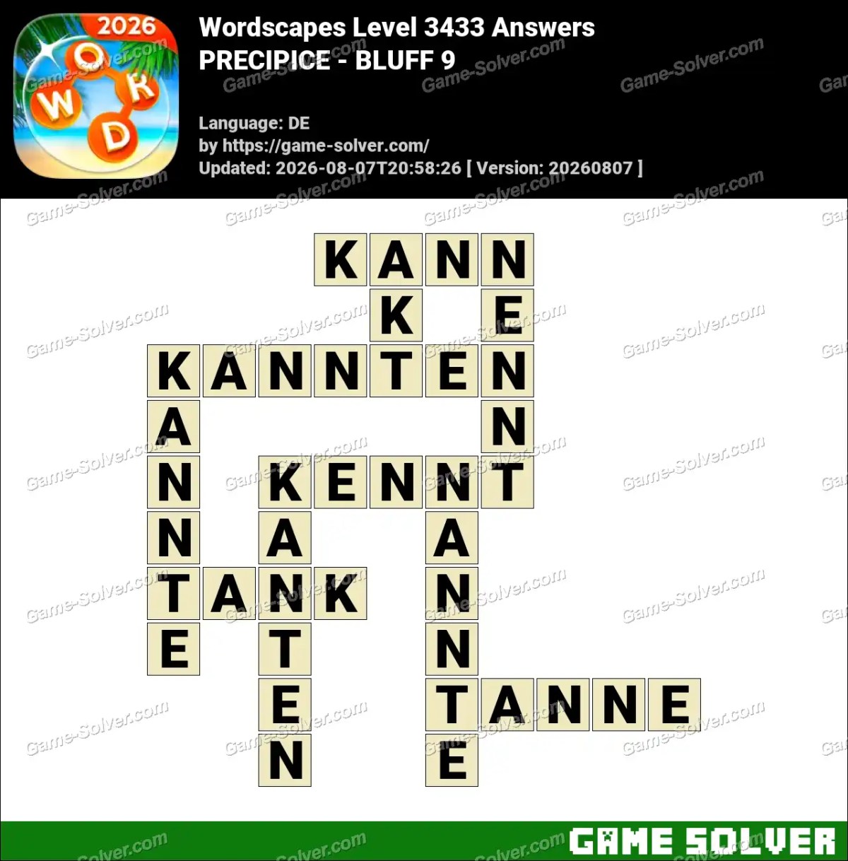Wordscapes Deutsche Level 3433 Answers — PRECIPICE - BLUFF 9