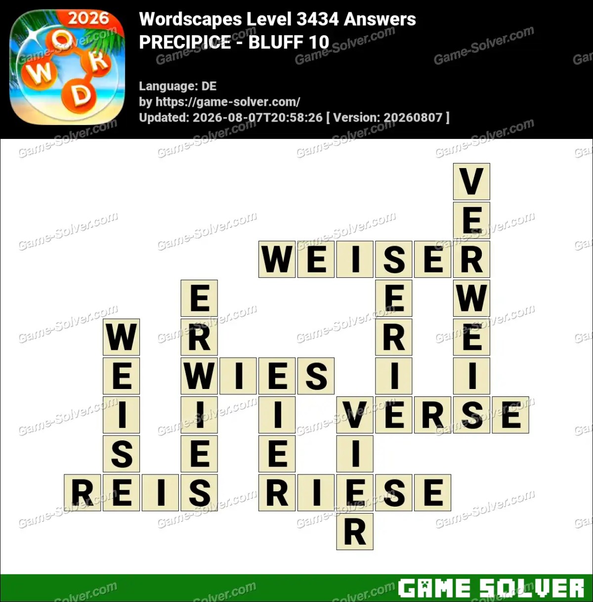 Wordscapes Deutsche Level 3434 Answers — PRECIPICE - BLUFF 10