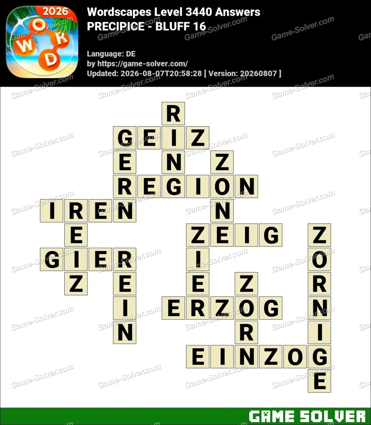 Wordscapes Deutsche Level 3440 Answers — PRECIPICE - BLUFF 16