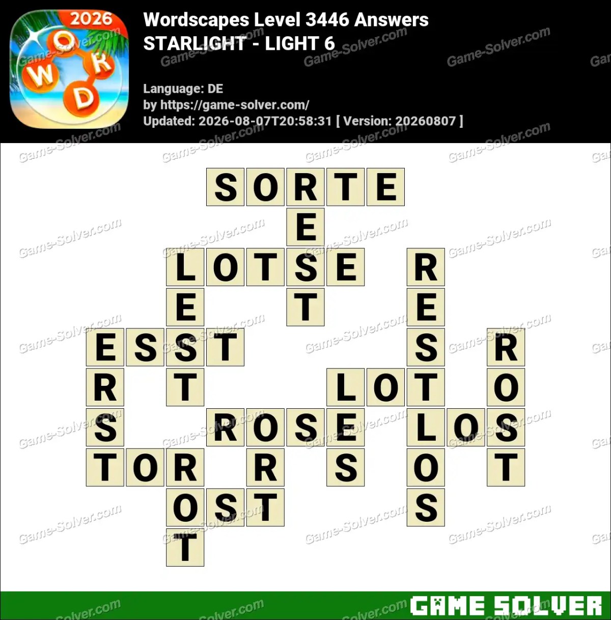 Wordscapes Deutsche Level 3446 Answers — STARLIGHT - LIGHT 6