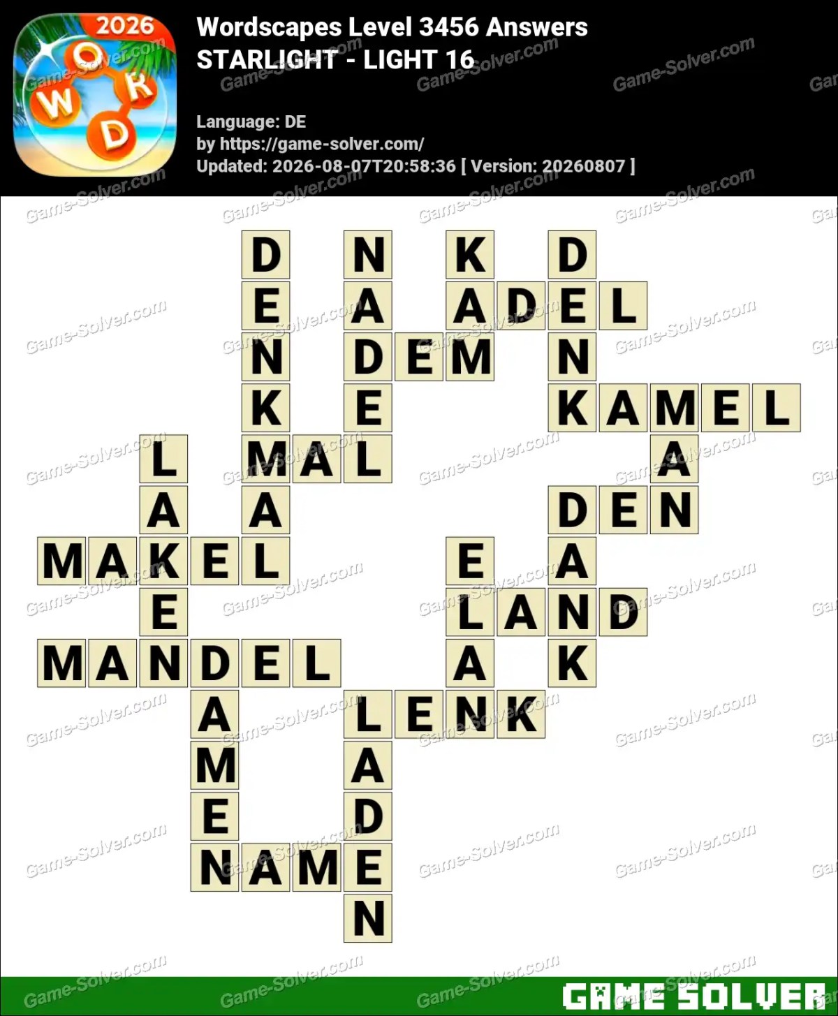 Wordscapes Deutsche Level 3456 Answers — STARLIGHT - LIGHT 16