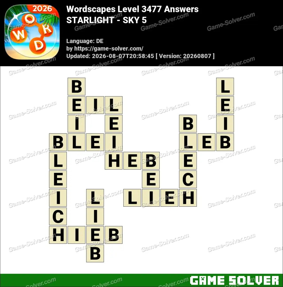 Wordscapes Deutsche Level 3477 Answers — STARLIGHT - SKY 5