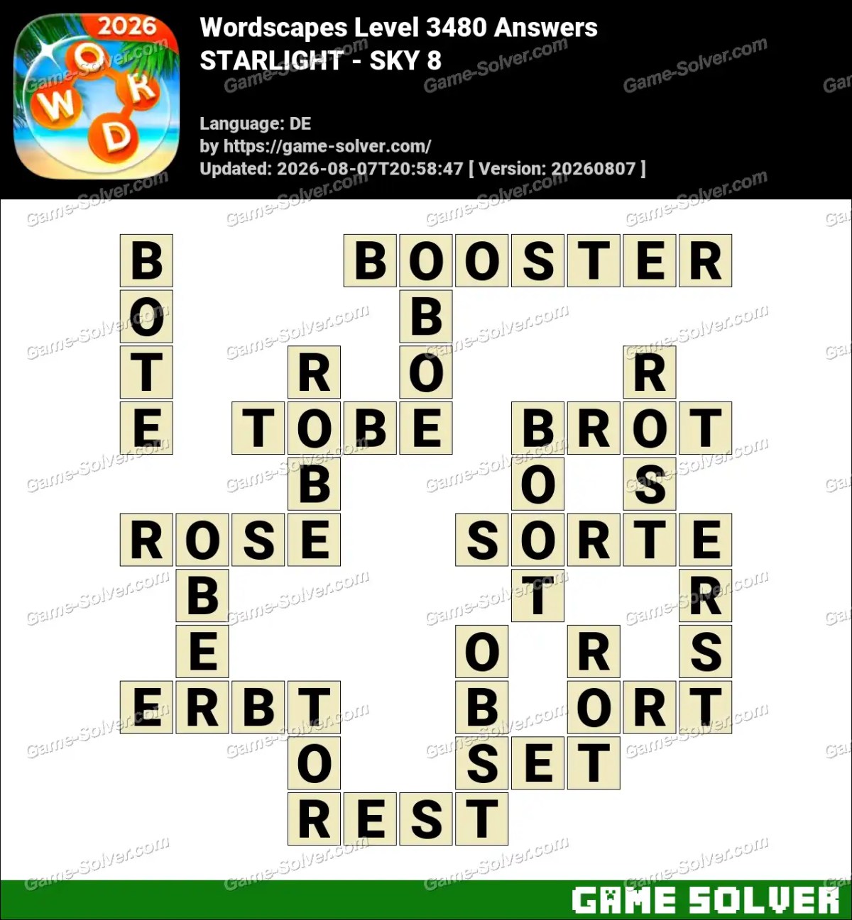 Wordscapes Deutsche Level 3480 Answers — STARLIGHT - SKY 8