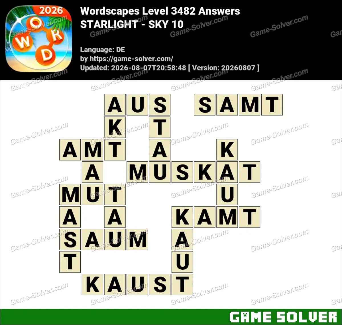 Wordscapes Deutsche Level 3482 Answers — STARLIGHT - SKY 10