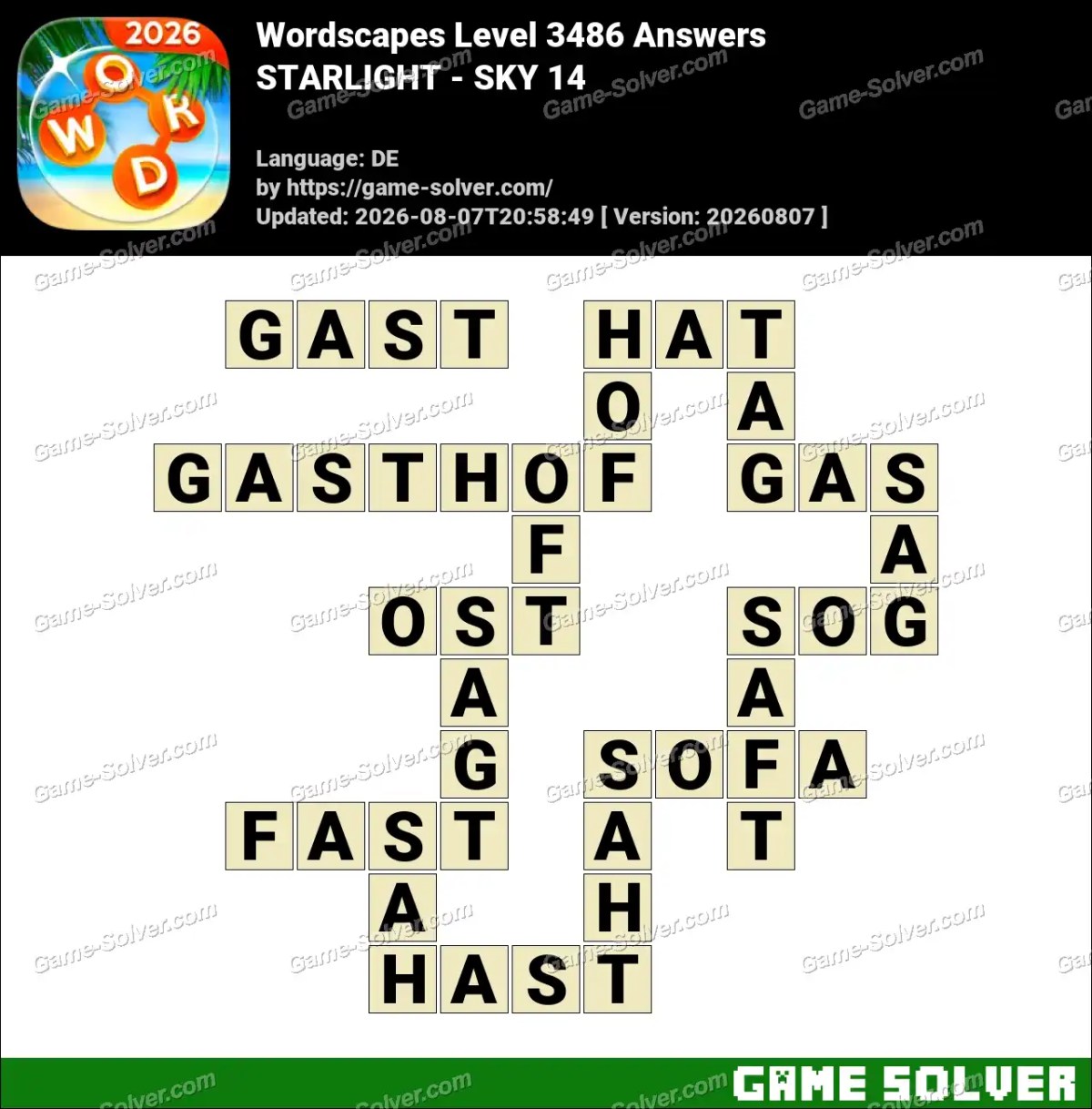 Wordscapes Deutsche Level 3486 Answers — STARLIGHT - SKY 14