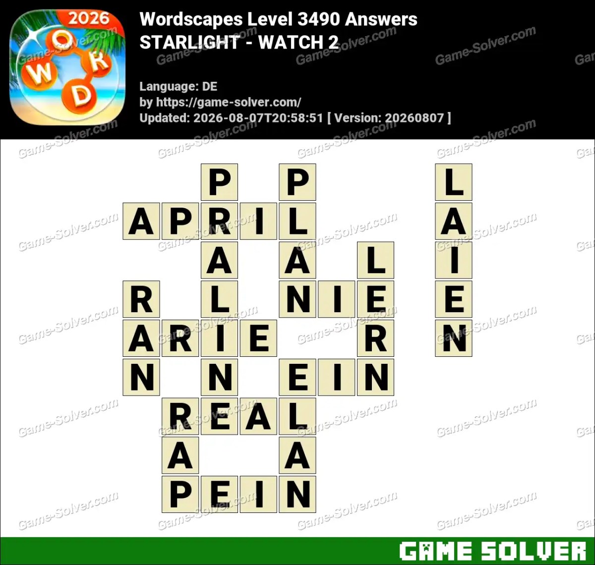 Wordscapes Deutsche Level 3490 Answers — STARLIGHT - WATCH 2