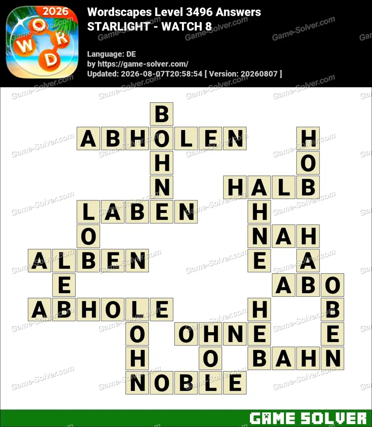 Wordscapes Deutsche Level 3496 Answers — STARLIGHT - WATCH 8