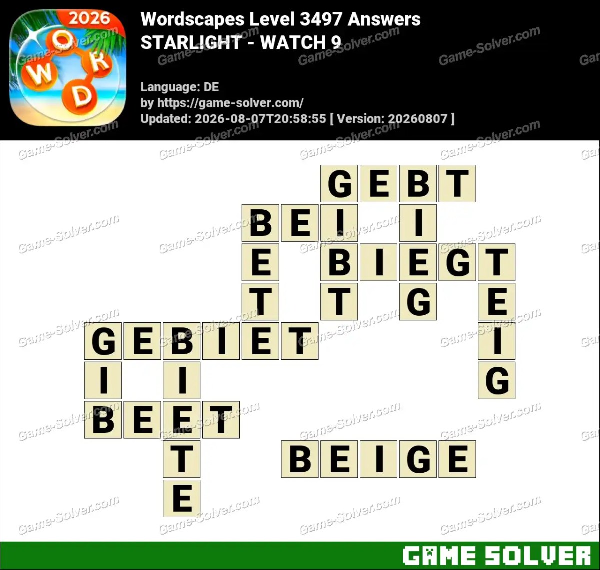 Wordscapes Deutsche Level 3497 Answers — STARLIGHT - WATCH 9