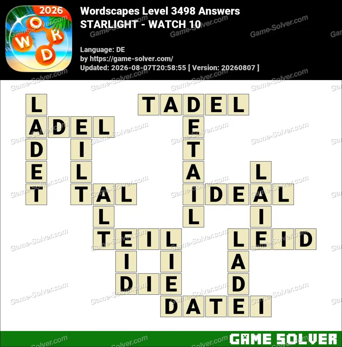 Wordscapes Deutsche Level 3498 Answers — STARLIGHT - WATCH 10