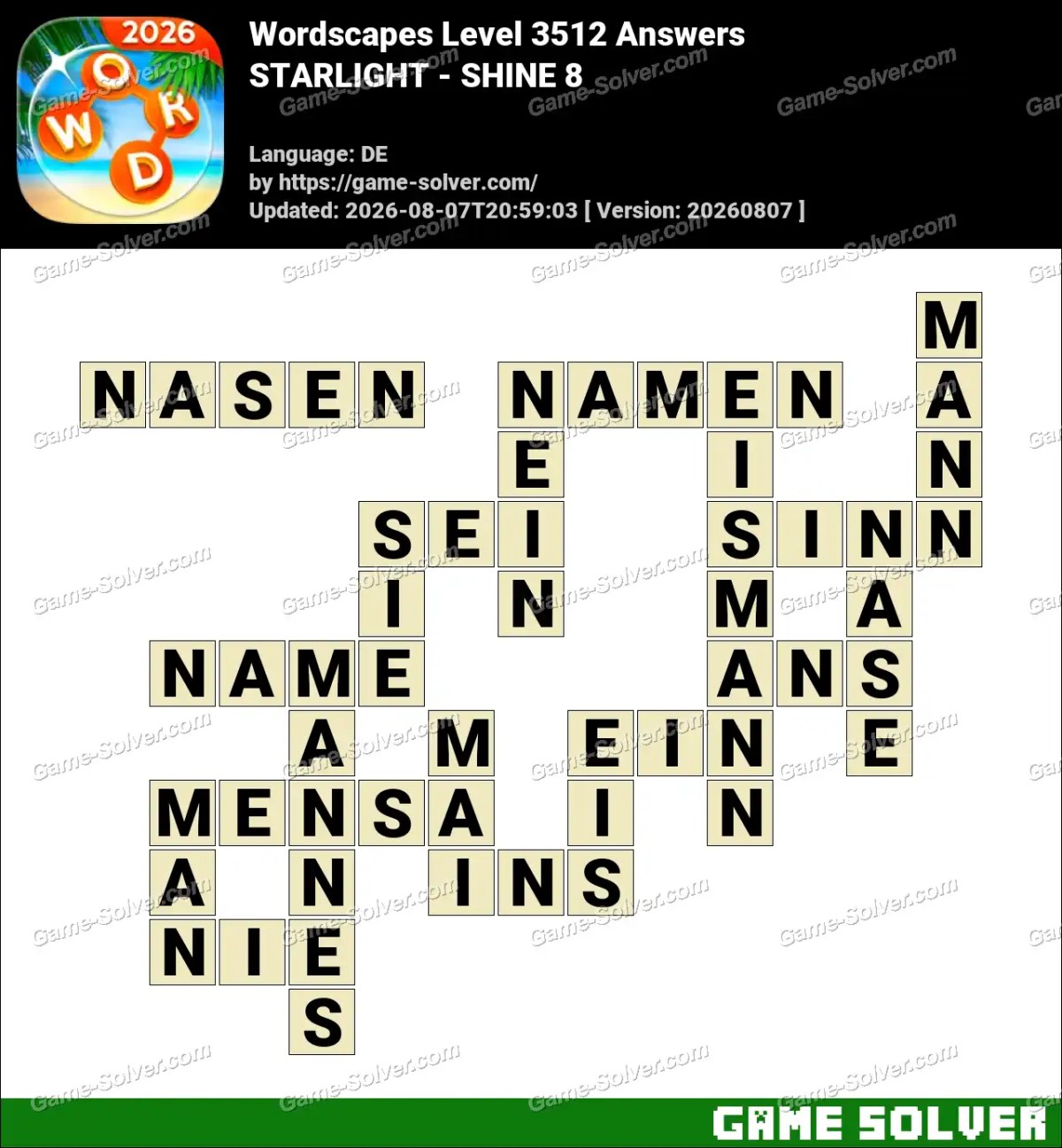 Wordscapes Deutsche Level 3512 Answers — STARLIGHT - SHINE 8