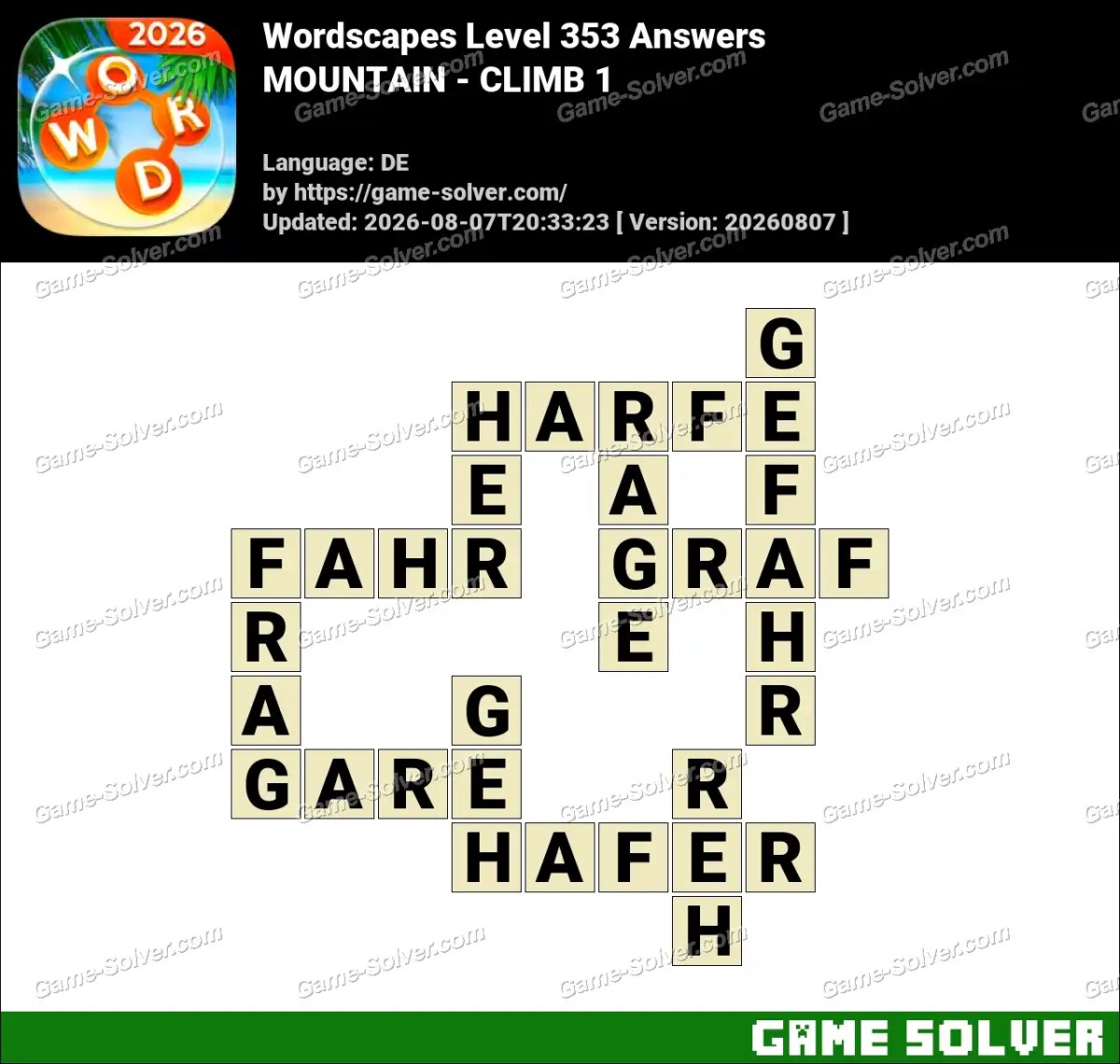 Wordscapes Deutsche Level 353 Answers — MOUNTAIN - CLIMB 1