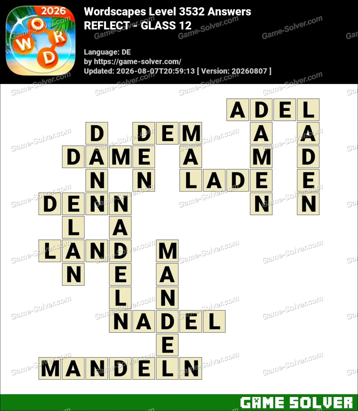 Wordscapes Deutsche Level 3532 Answers — REFLECT - GLASS 12