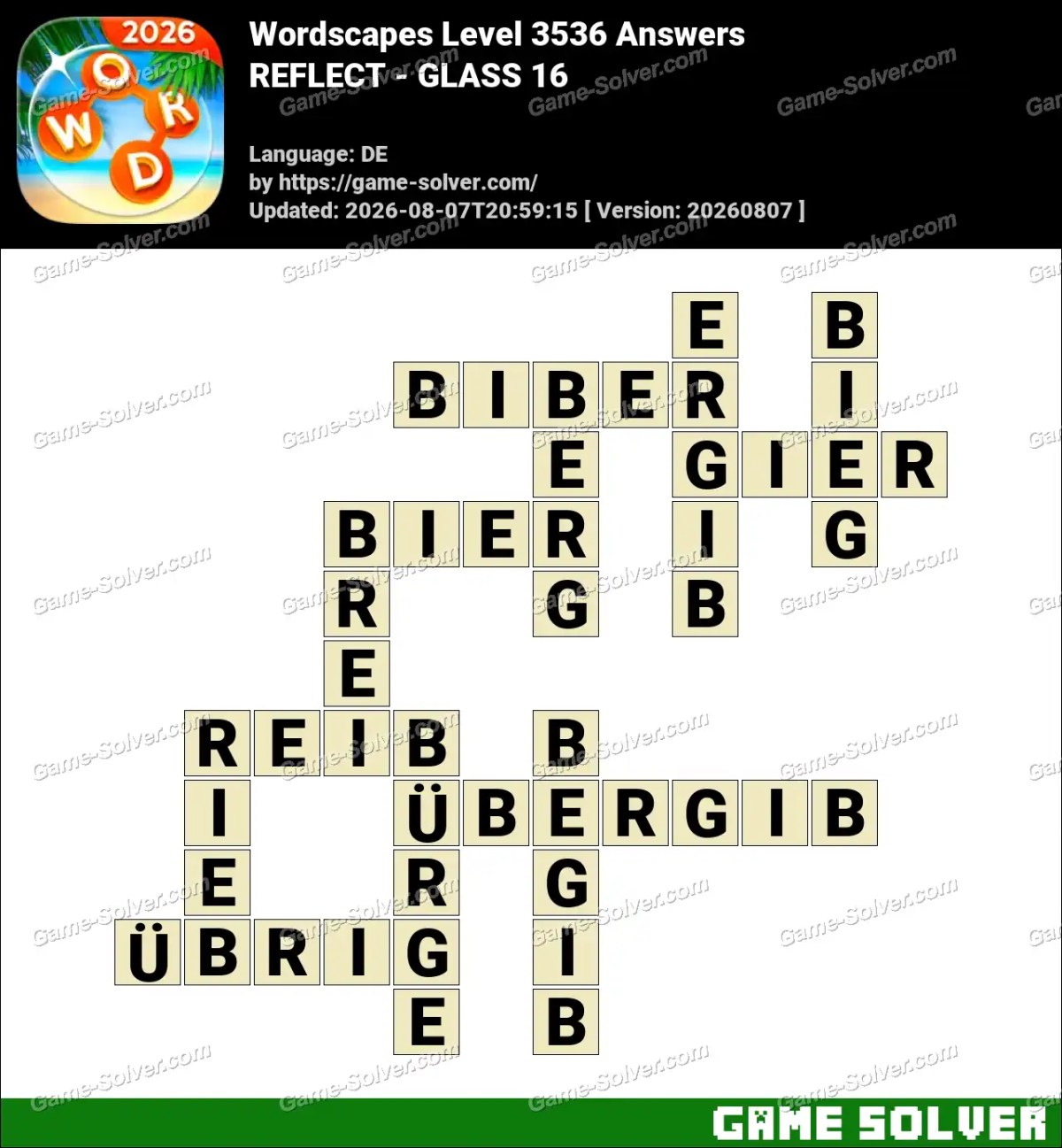 Wordscapes Deutsche Level 3536 Answers — REFLECT - GLASS 16